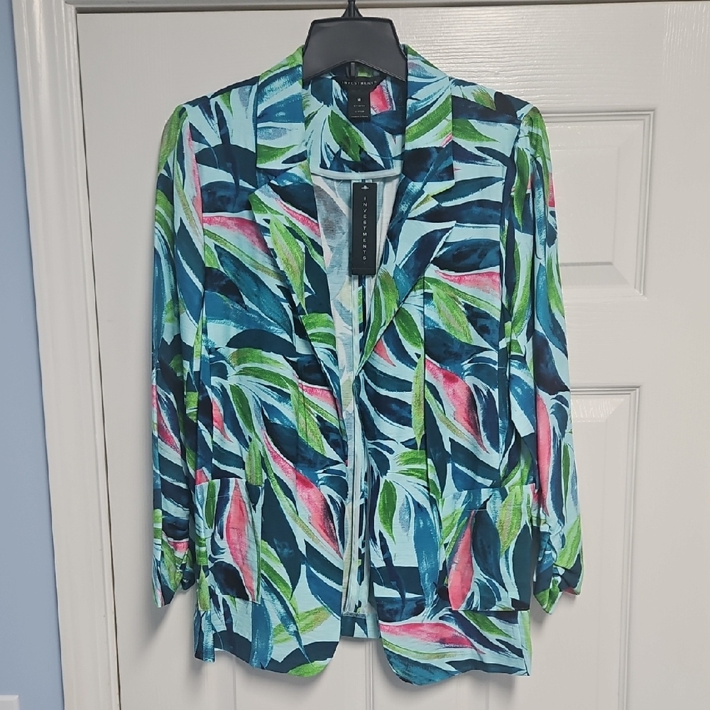 Investments 3/4 Ruched Sleeve Lightweight Open Front‎ Blazer:Brushed Leaves: M